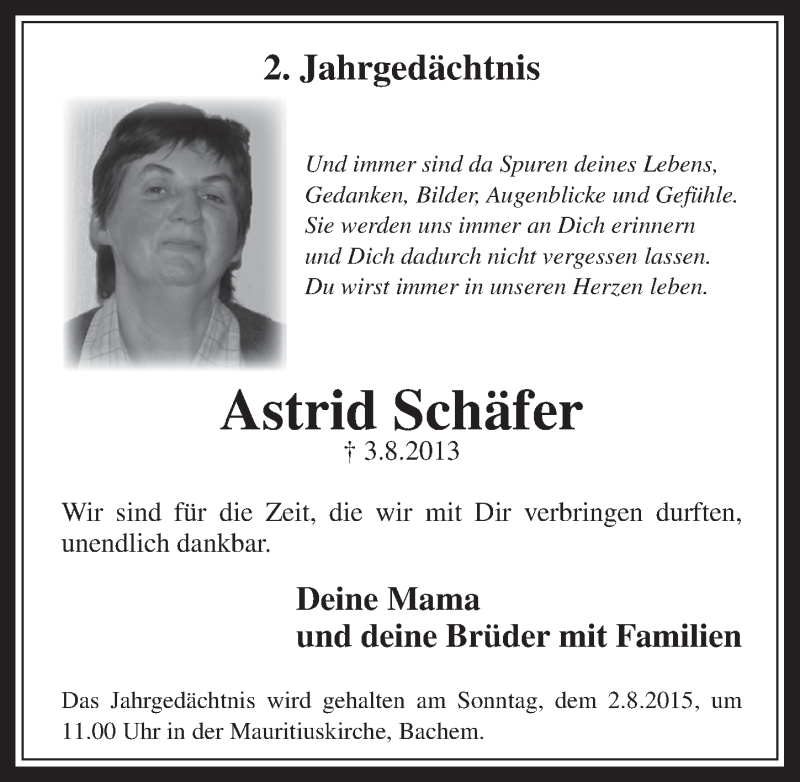  Traueranzeige für Astrid Schäfer vom 01.08.2015 aus  Sonntags-Post 