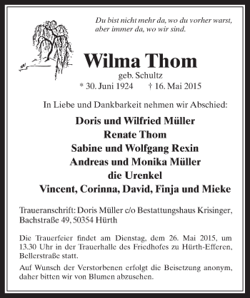 Anzeige von Wilma Thom von  Wochenende 