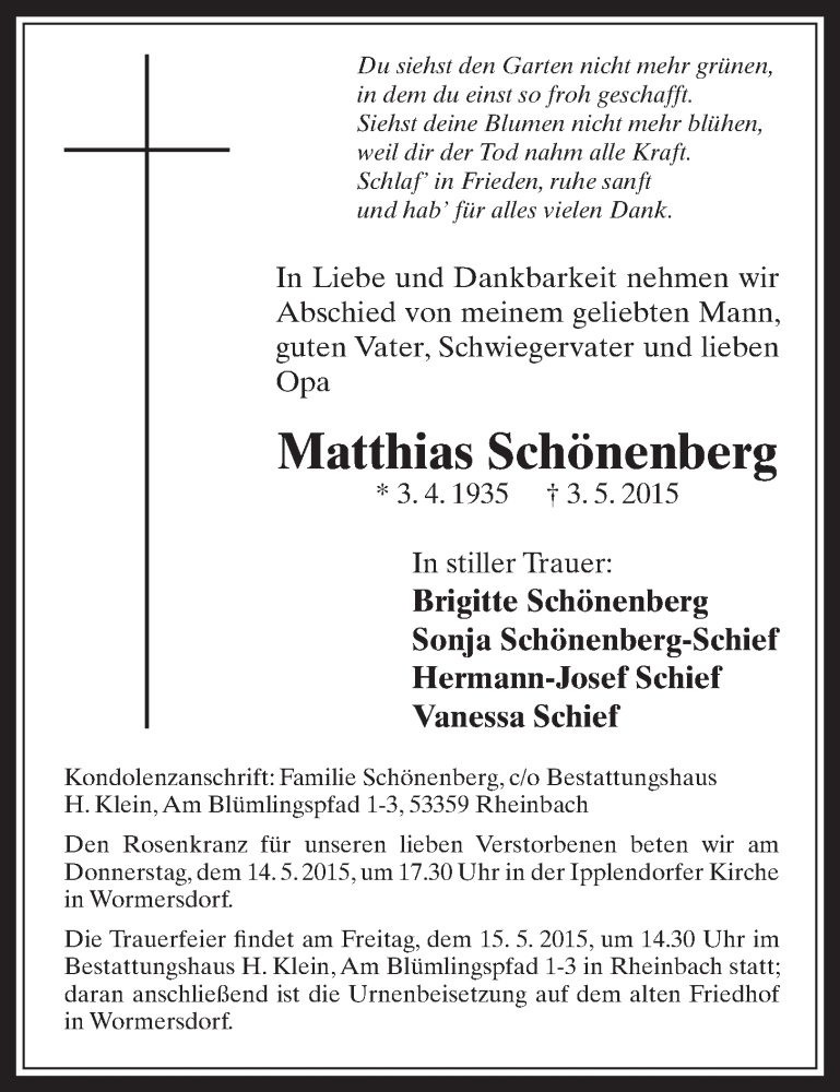  Traueranzeige für Matthias Schönenberg vom 13.05.2015 aus  Schaufenster/Blickpunkt 
