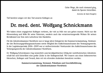 Anzeige von Wolfgang Schnickmann von Kölner Stadt-Anzeiger / Kölnische Rundschau / Express