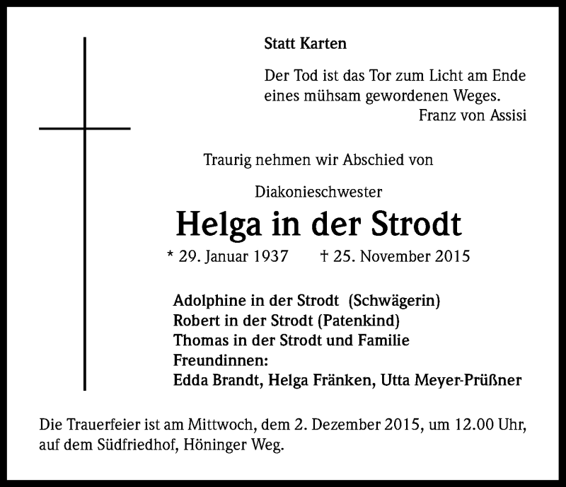  Traueranzeige für Helga in der Strodt vom 28.11.2015 aus Kölner Stadt-Anzeiger / Kölnische Rundschau / Express