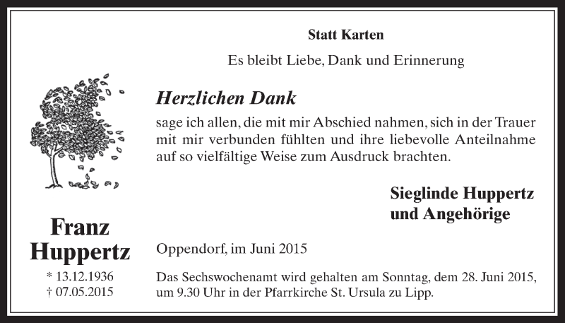  Traueranzeige für Franz Huppertz vom 17.06.2015 aus  Werbepost 
