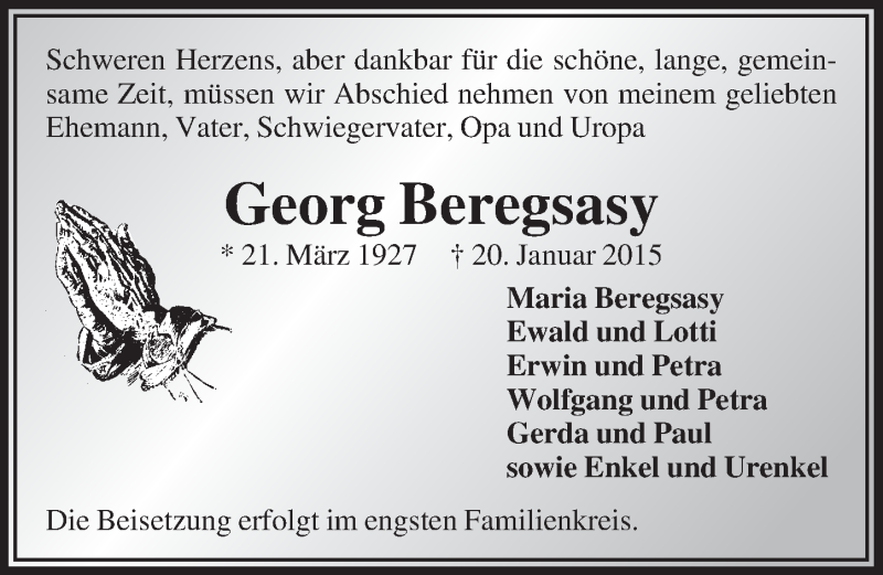  Traueranzeige für Georg Beregsasy vom 28.01.2015 aus  Bergisches Handelsblatt 
