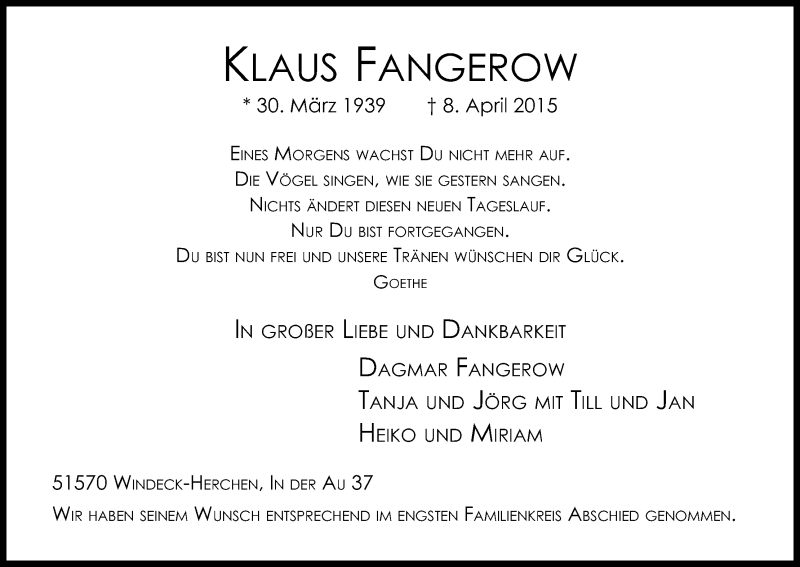  Traueranzeige für Klaus Fangerow vom 18.04.2015 aus Kölner Stadt-Anzeiger / Kölnische Rundschau / Express