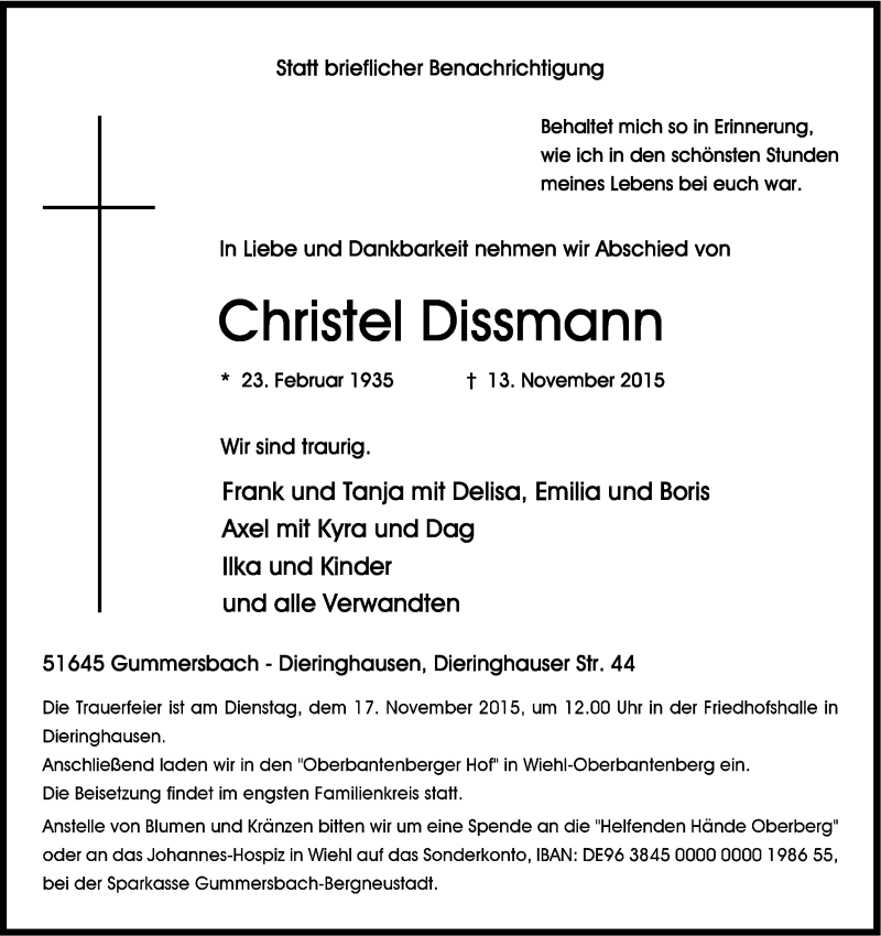  Traueranzeige für Christel Dissmann vom 17.11.2015 aus Kölner Stadt-Anzeiger / Kölnische Rundschau / Express