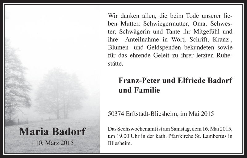  Traueranzeige für Maria Badorf vom 13.05.2015 aus  Werbepost 