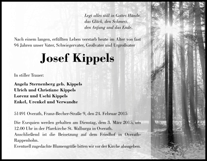  Traueranzeige für Josef Kippels vom 26.02.2015 aus Kölner Stadt-Anzeiger / Kölnische Rundschau / Express
