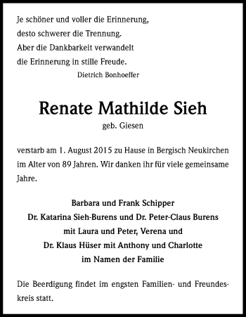 Anzeige von Renate Mathilde Sieh von Kölner Stadt-Anzeiger / Kölnische Rundschau / Express