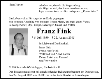 Anzeige von Franz Fink von Kölner Stadt-Anzeiger / Kölnische Rundschau / Express