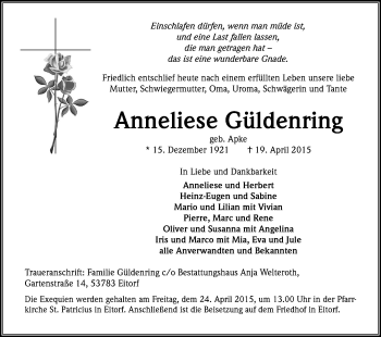 Anzeige von Anneliese Güldenring von Kölner Stadt-Anzeiger / Kölnische Rundschau / Express