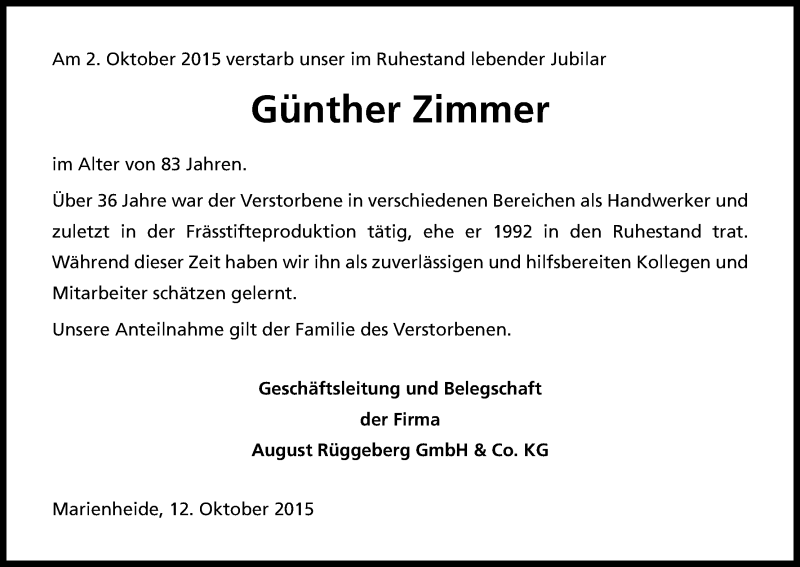  Traueranzeige für Günter Zimmer vom 13.10.2015 aus Kölner Stadt-Anzeiger / Kölnische Rundschau / Express
