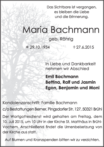 Anzeige von Maria Bachmann von  Schlossbote/Werbekurier 