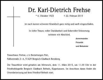 Anzeige von Karl-Dietrich Frehse von Kölner Stadt-Anzeiger / Kölnische Rundschau / Express
