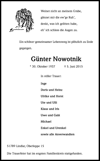 Anzeige von Günter Nowotnik von Kölner Stadt-Anzeiger / Kölnische Rundschau / Express