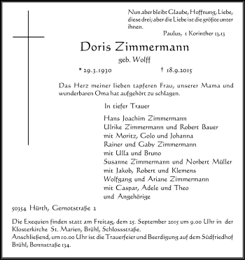 Anzeige von Doris Zimmermann von Kölner Stadt-Anzeiger / Kölnische Rundschau / Express