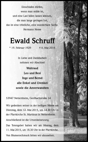 Anzeige von Ewald Schruff von Kölner Stadt-Anzeiger / Kölnische Rundschau / Express