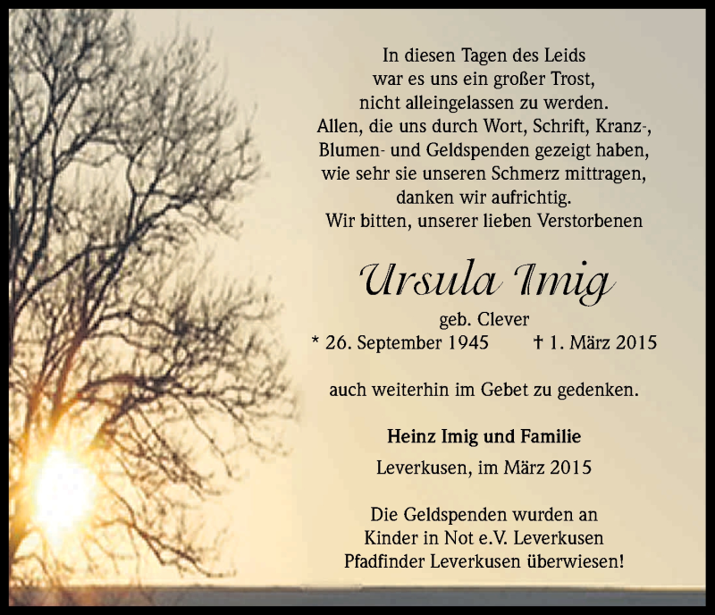  Traueranzeige für Ursula Imig vom 11.04.2015 aus Kölner Stadt-Anzeiger / Kölnische Rundschau / Express
