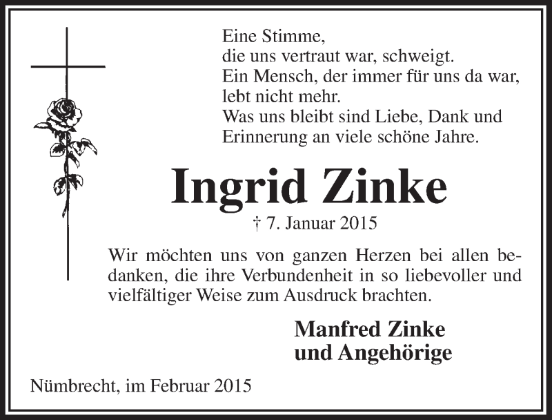  Traueranzeige für Ingrid Zinke vom 04.02.2015 aus  Lokalanzeiger 