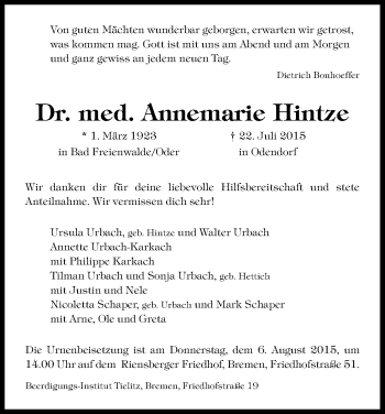 Anzeige von Annemarie Hintze von Kölner Stadt-Anzeiger / Kölnische Rundschau / Express