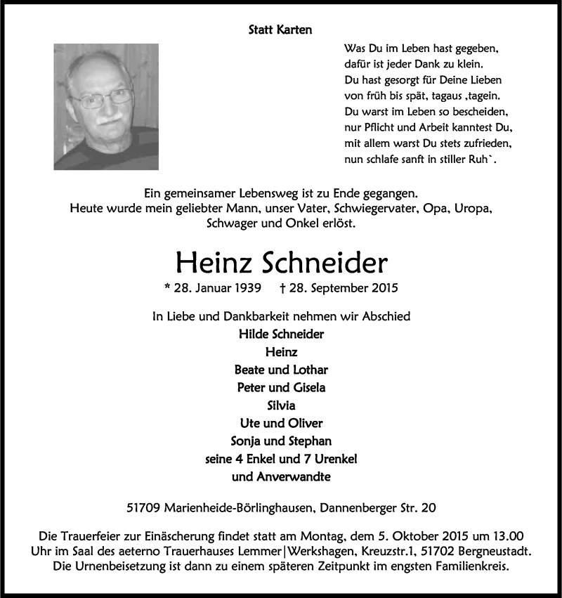  Traueranzeige für Heinz Schneider vom 02.10.2015 aus Kölner Stadt-Anzeiger / Kölnische Rundschau / Express