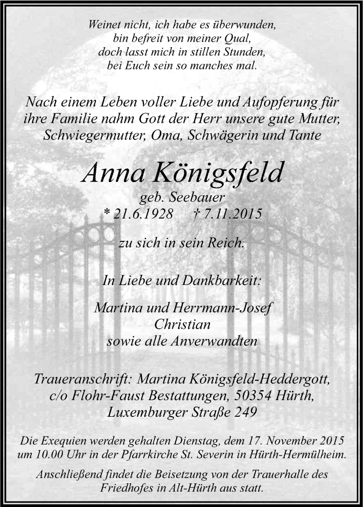  Traueranzeige für Anna Königsfeld vom 14.11.2015 aus Köln - Wir Trauern
