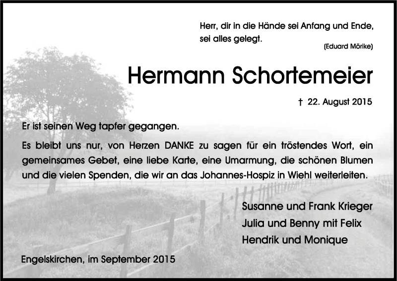  Traueranzeige für Hermann Schortemeier vom 30.09.2015 aus Kölner Stadt-Anzeiger / Kölnische Rundschau / Express