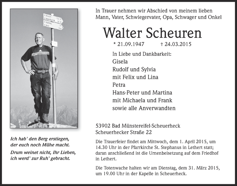  Traueranzeige für Walter Scheuren vom 29.03.2015 aus  Blickpunkt Euskirchen 