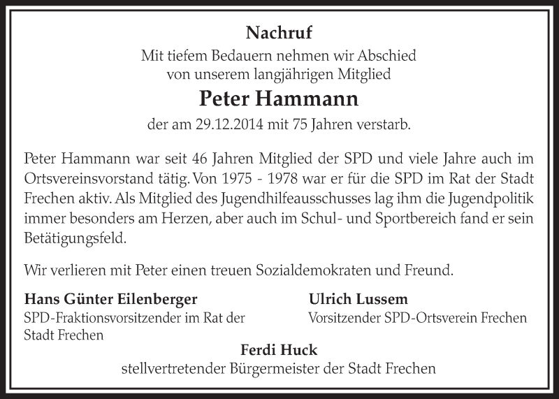  Traueranzeige für Peter Hammann vom 17.01.2015 aus  Sonntags-Post 