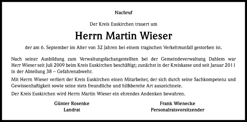  Traueranzeige für Martin Wieser vom 11.09.2015 aus Kölner Stadt-Anzeiger / Kölnische Rundschau / Express