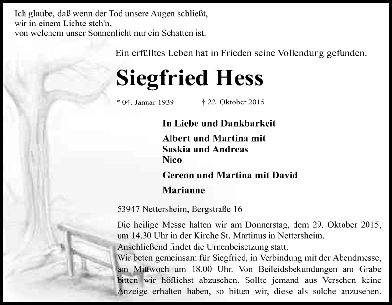  Traueranzeige für Siegfried Hess vom 27.10.2015 aus Kölner Stadt-Anzeiger / Kölnische Rundschau / Express