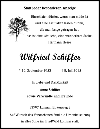 Anzeige von Wilfried Schiffer von Kölner Stadt-Anzeiger / Kölnische Rundschau / Express