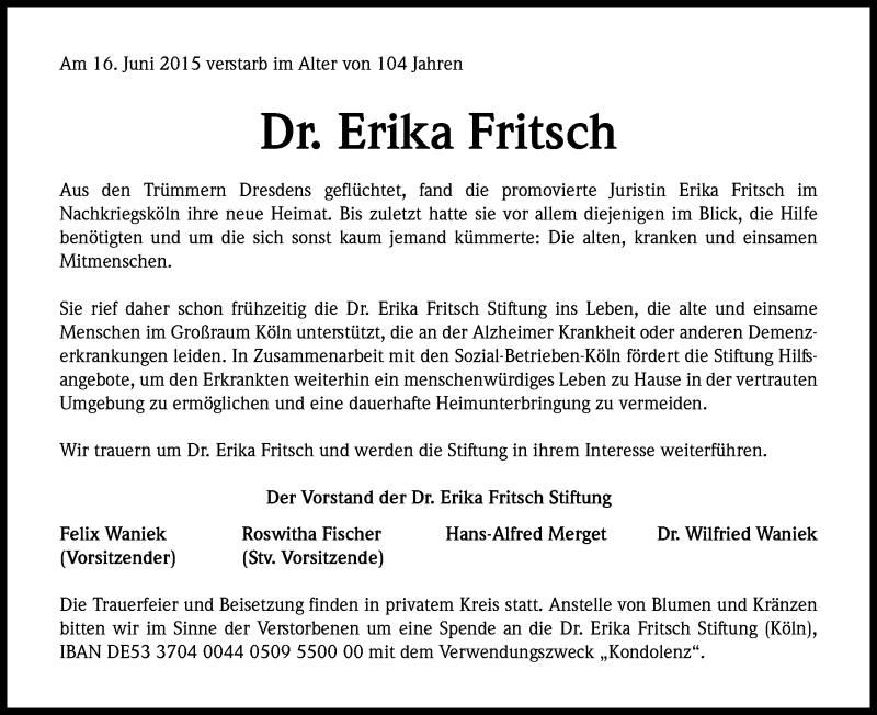 Traueranzeige für Erika Fritsch vom 01.07.2015 aus Kölner Stadt-Anzeiger / Kölnische Rundschau / Express