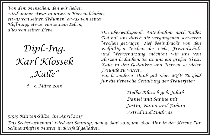  Traueranzeige für Karl Klossek vom 15.04.2015 aus  Bergisches Handelsblatt 