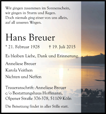 Anzeige von Hans Breuer von Kölner Stadt-Anzeiger / Kölnische Rundschau / Express