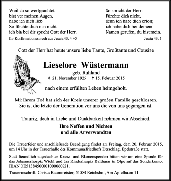 Anzeige von Lieselore Wüstermann von Kölner Stadt-Anzeiger / Kölnische Rundschau / Express