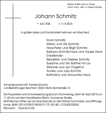 Anzeige von Johann Schmitz von  Wochenende  Schlossbote/Werbekurier 