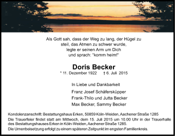 Anzeige von Doris Becker von Kölner Stadt-Anzeiger / Kölnische Rundschau / Express