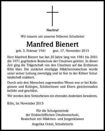 Anzeige von Manfred Bienert von Kölner Stadt-Anzeiger / Kölnische Rundschau / Express