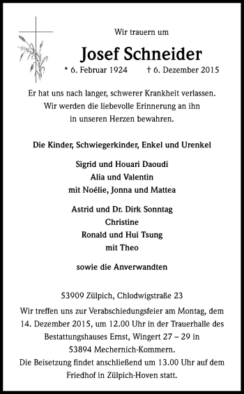 Anzeige von Josef Schneider von Kölner Stadt-Anzeiger / Kölnische Rundschau / Express
