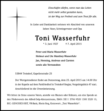 Anzeige von Toni Wasserfuhr von Kölner Stadt-Anzeiger / Kölnische Rundschau / Express