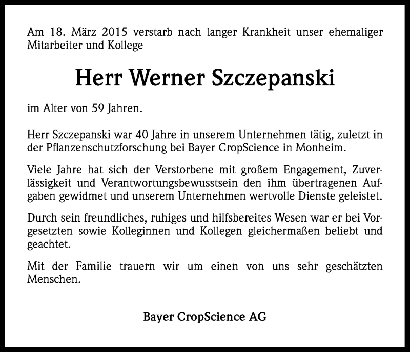  Traueranzeige für Werner Szczepanski vom 27.03.2015 aus Kölner Stadt-Anzeiger / Kölnische Rundschau / Express