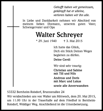 Anzeige von Walter Schreyer von Kölner Stadt-Anzeiger / Kölnische Rundschau / Express