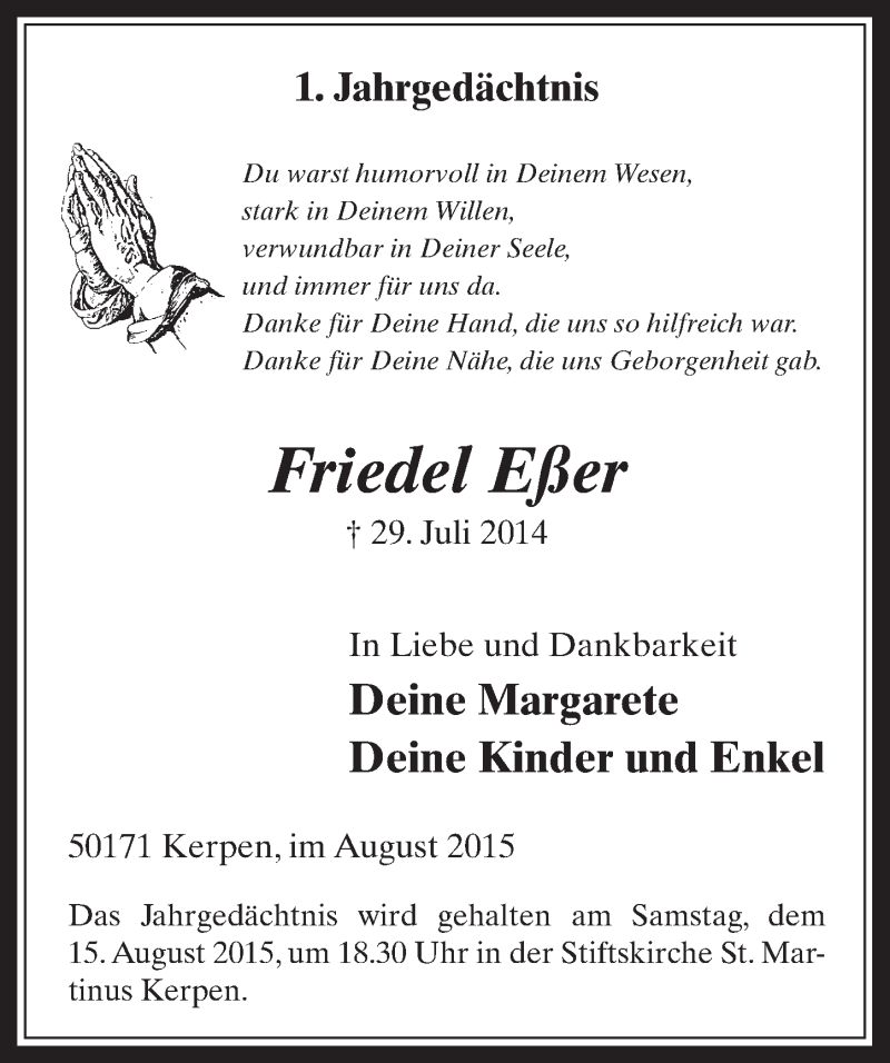  Traueranzeige für Friedel Eßer vom 12.08.2015 aus  Werbepost 