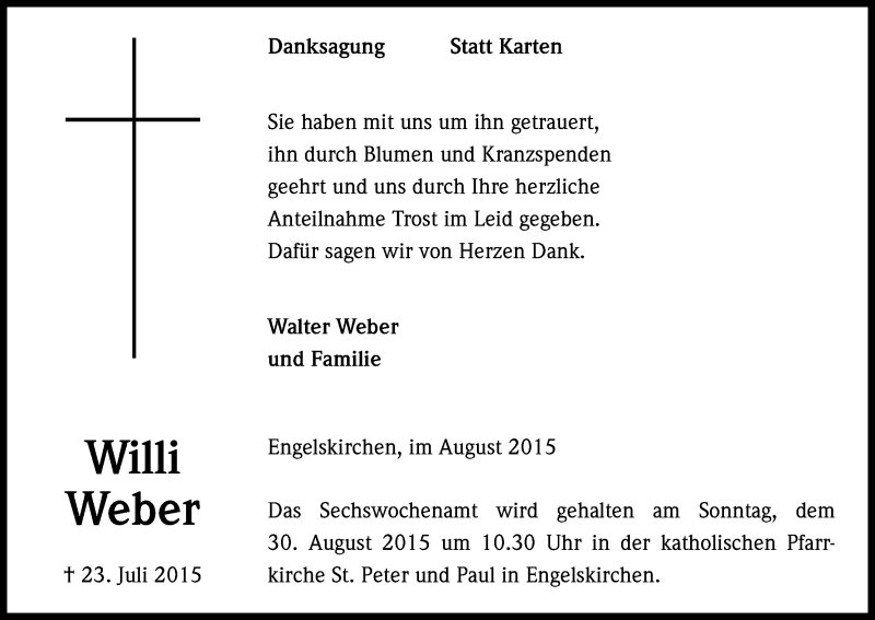  Traueranzeige für Willi Weber vom 22.08.2015 aus Kölner Stadt-Anzeiger / Kölnische Rundschau / Express