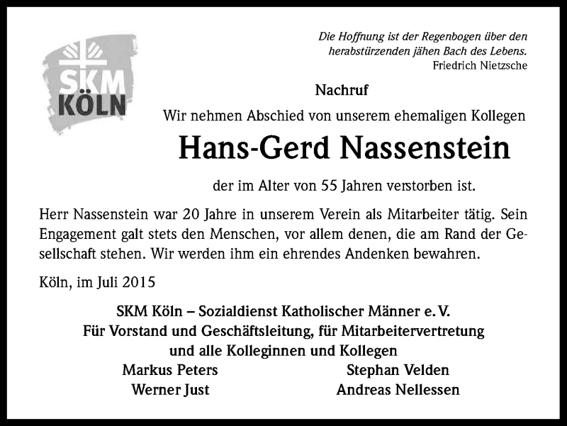  Traueranzeige für Hans-Gerd Nassenstein vom 01.08.2015 aus Kölner Stadt-Anzeiger / Kölnische Rundschau / Express
