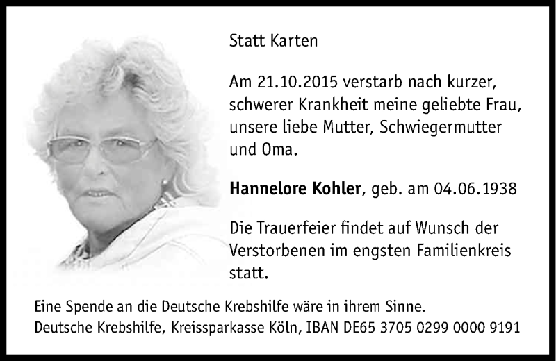  Traueranzeige für Hannelore Kohler vom 24.10.2015 aus Kölner Stadt-Anzeiger / Kölnische Rundschau / Express