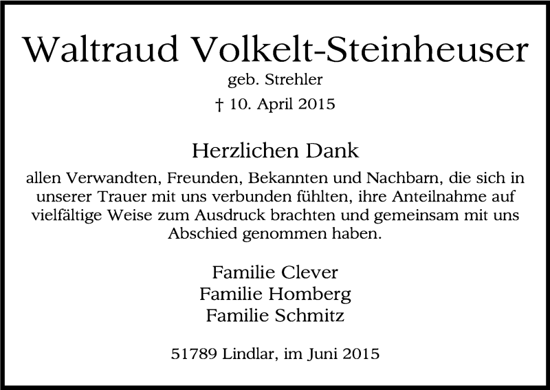  Traueranzeige für Waltraud Volkelt-Steinheuser vom 20.06.2015 aus Kölner Stadt-Anzeiger / Kölnische Rundschau / Express