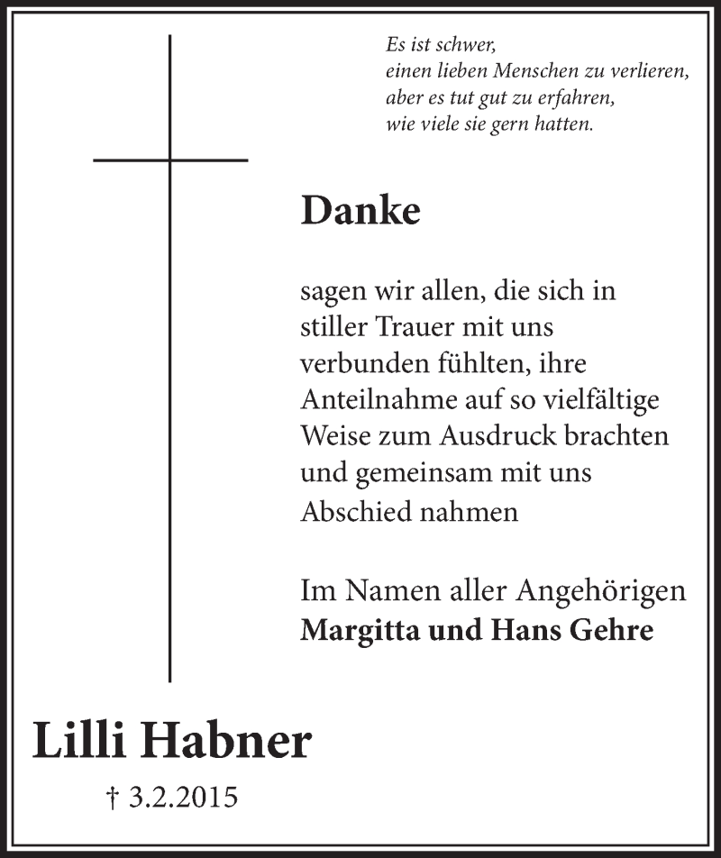  Traueranzeige für Lilli Habner vom 11.03.2015 aus  Schlossbote/Werbekurier 