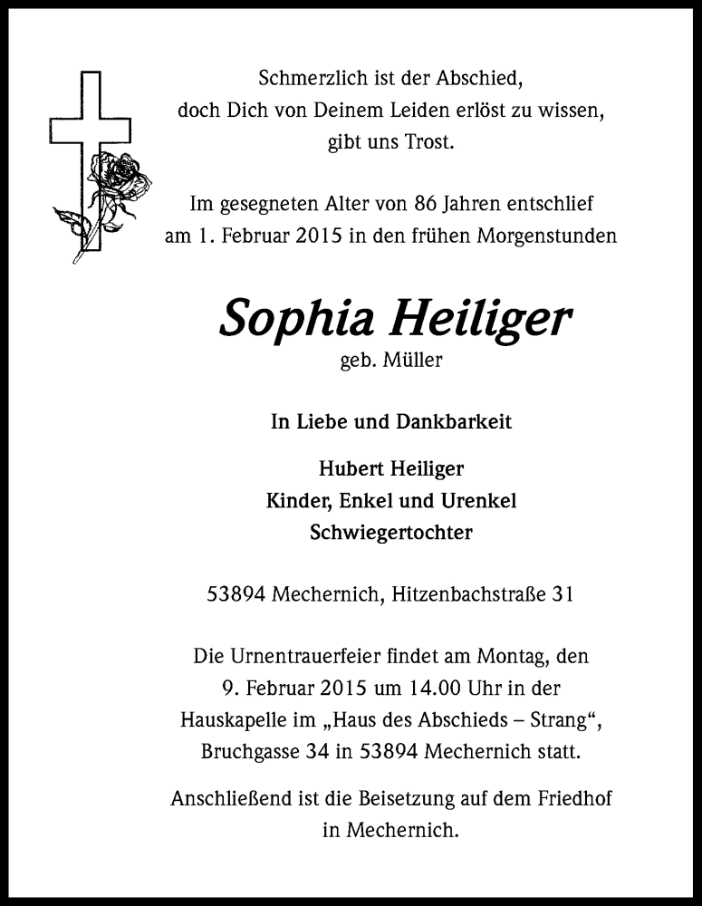  Traueranzeige für Sophia Heiliger vom 04.02.2015 aus Kölner Stadt-Anzeiger / Kölnische Rundschau / Express