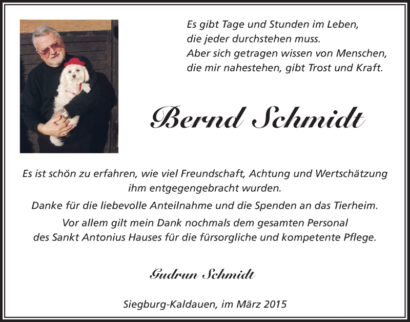  Traueranzeige für Bernd Schmidt vom 11.03.2015 aus  Extra Blatt 